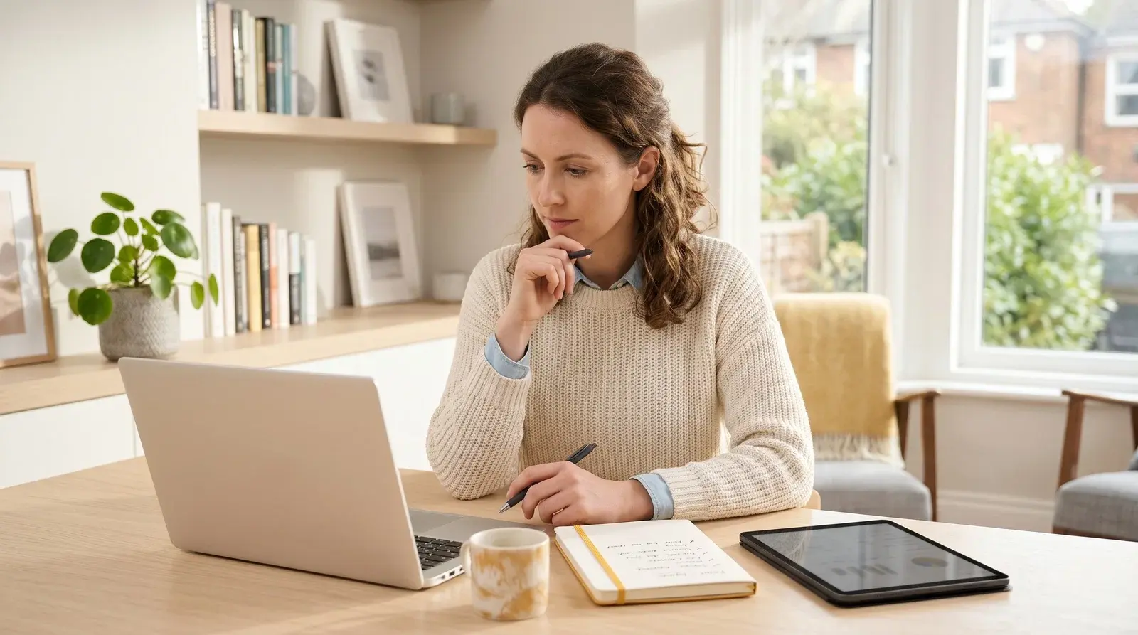 Operator comparing booking software options on a laptop and tablet with handwritten notes