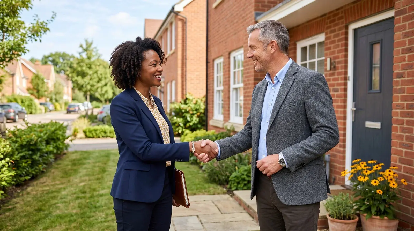 Warm property professional shaking hands with a client in front of a smart UK property