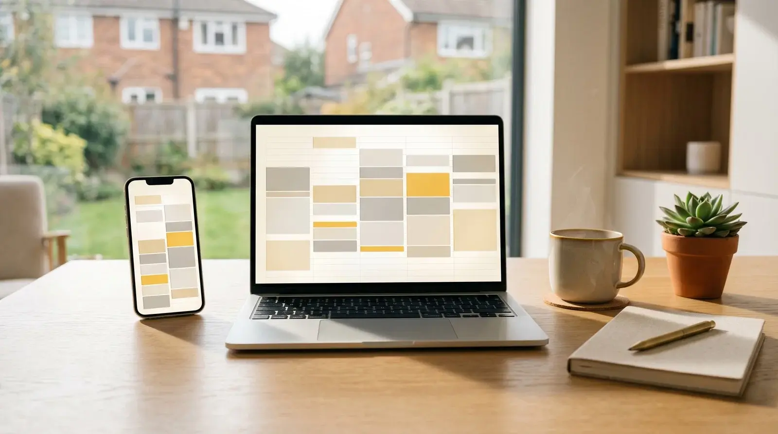 Laptop and smartphone showing aligned calendar views, conveying synced availability