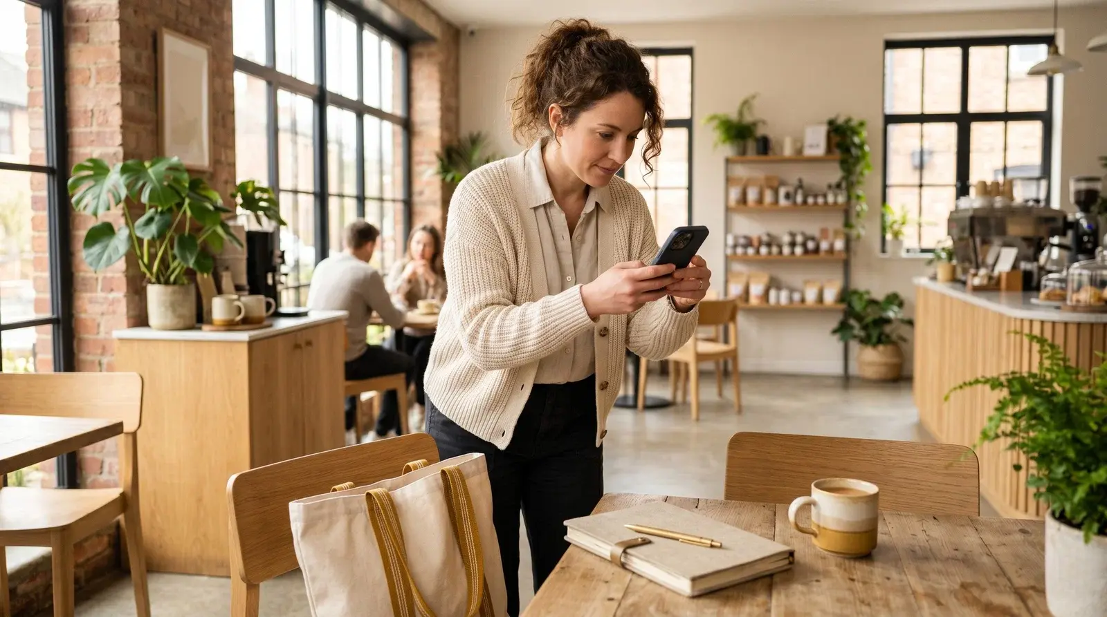 Property host photographing a stylish independent cafe interior on a smartphone