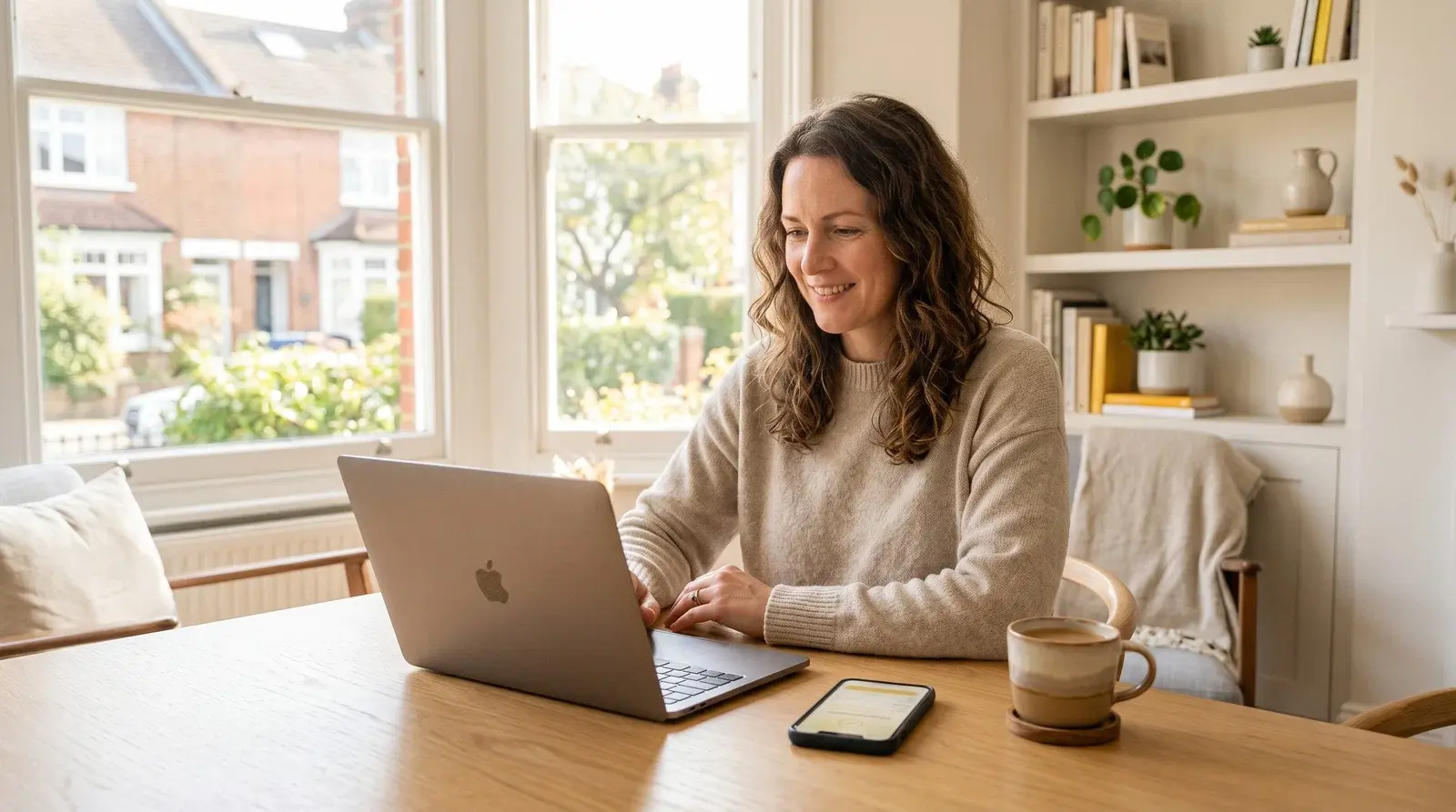 Relaxed property owner at a laptop in a bright apartment with a booking confirmation on a phone