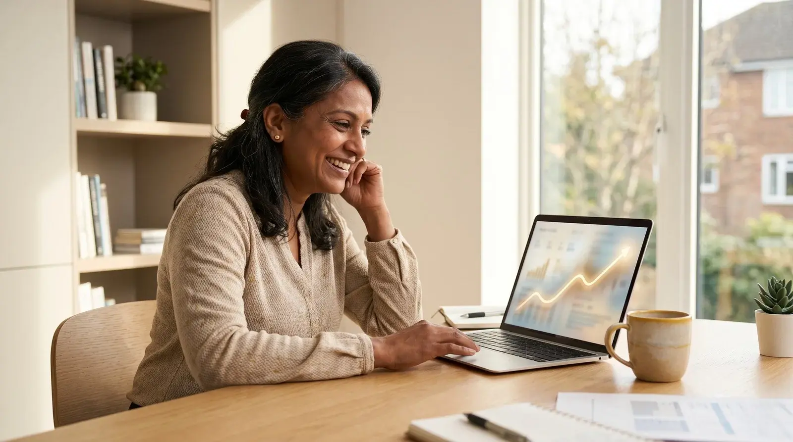 Relieved property operator smiling at a laptop showing an upward analytics trend