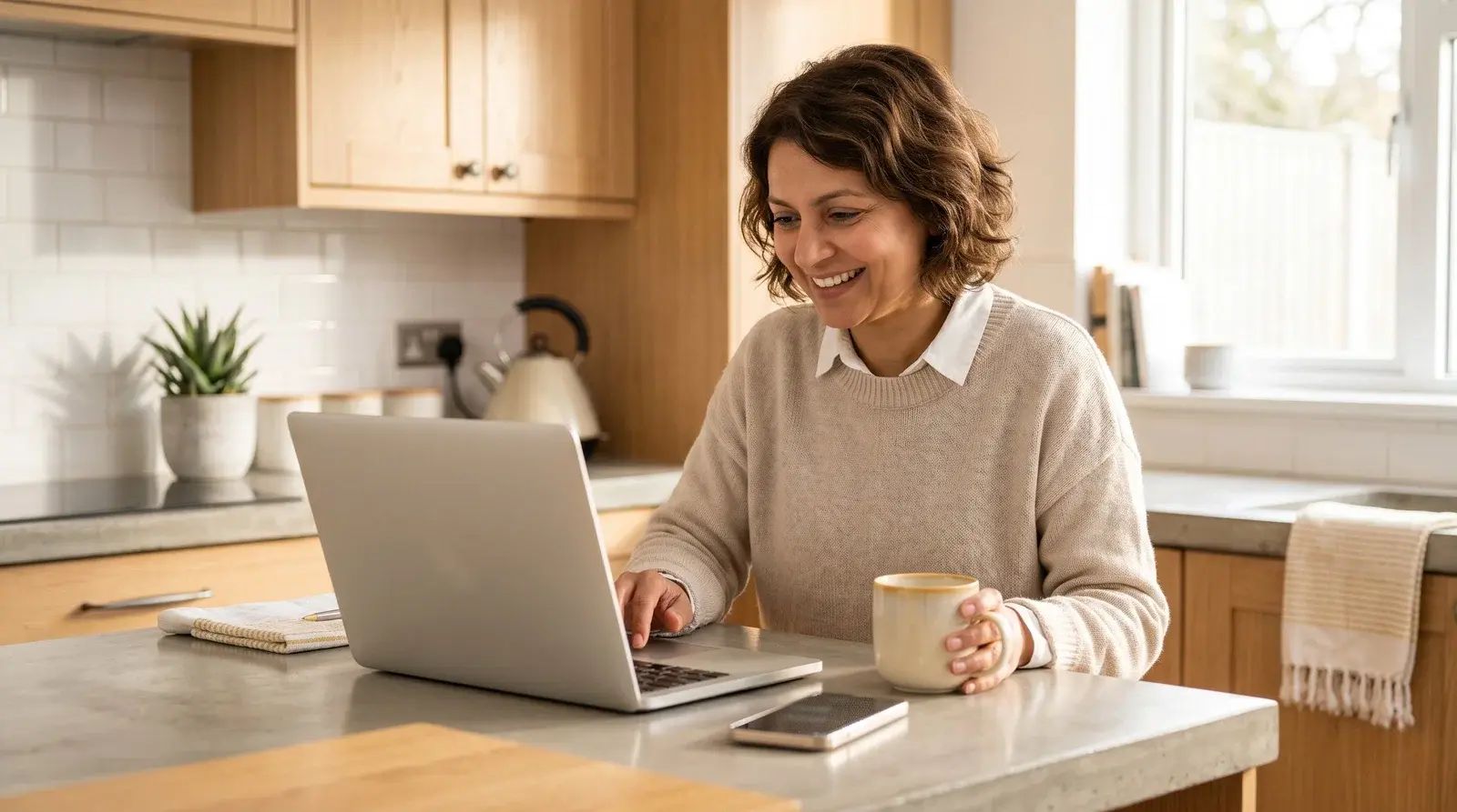 Property host smiling while reading a message on a laptop at a sunlit kitchen island
