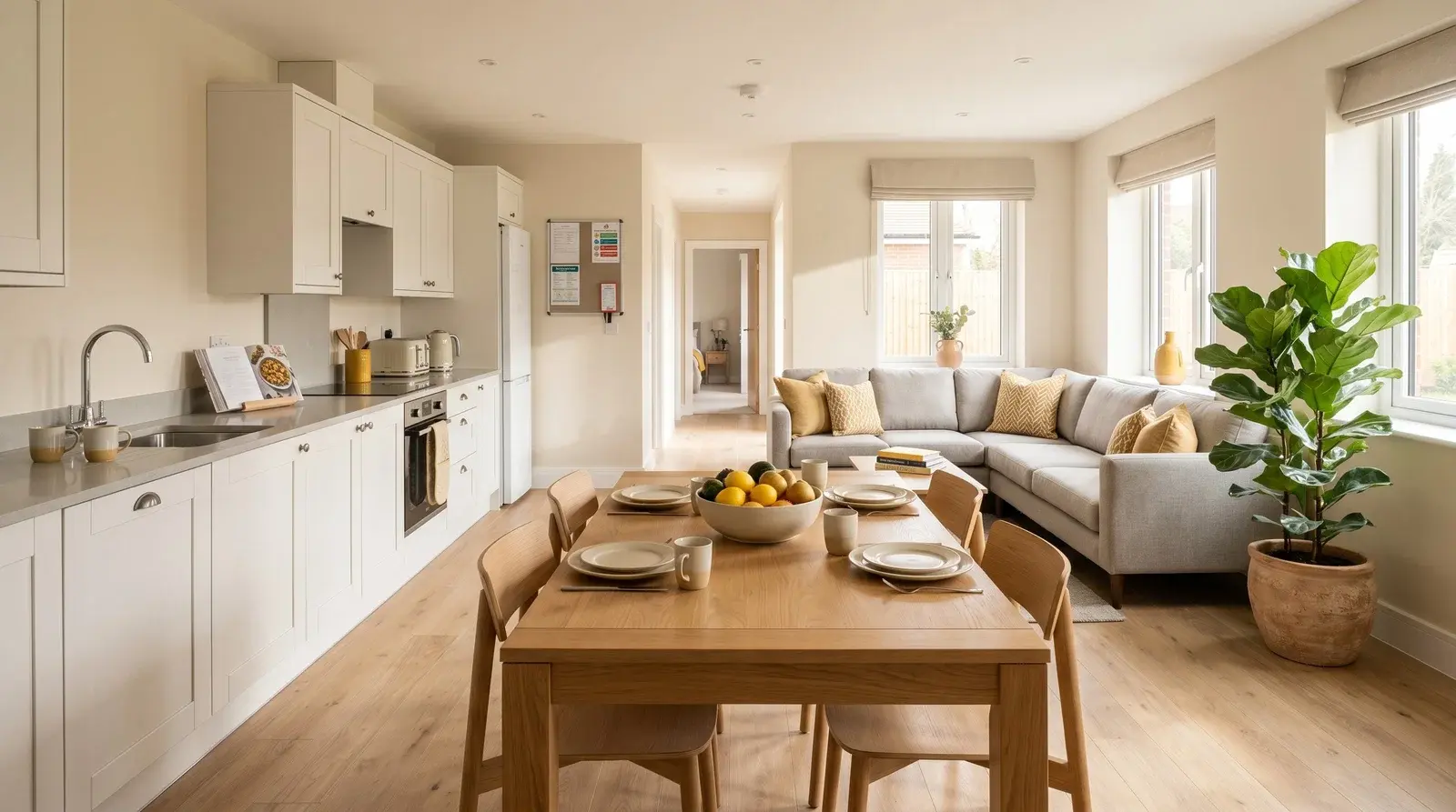 Bright modern tidy HMO communal kitchen and living space with quality furnishings