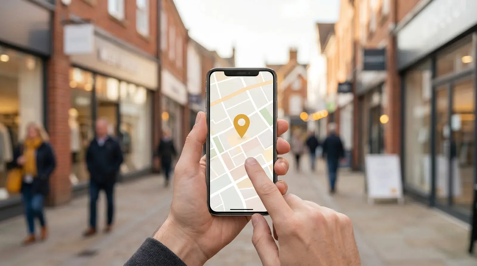 Hand holding a smartphone showing a map with a location pin on a UK high street
