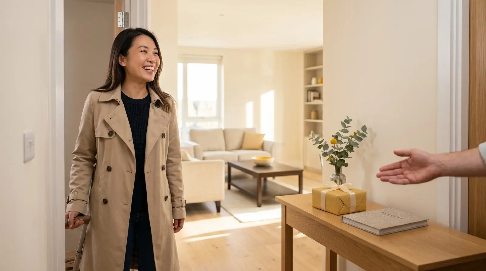 Happy guest stepping into a warm immaculate apartment with a small welcome gift