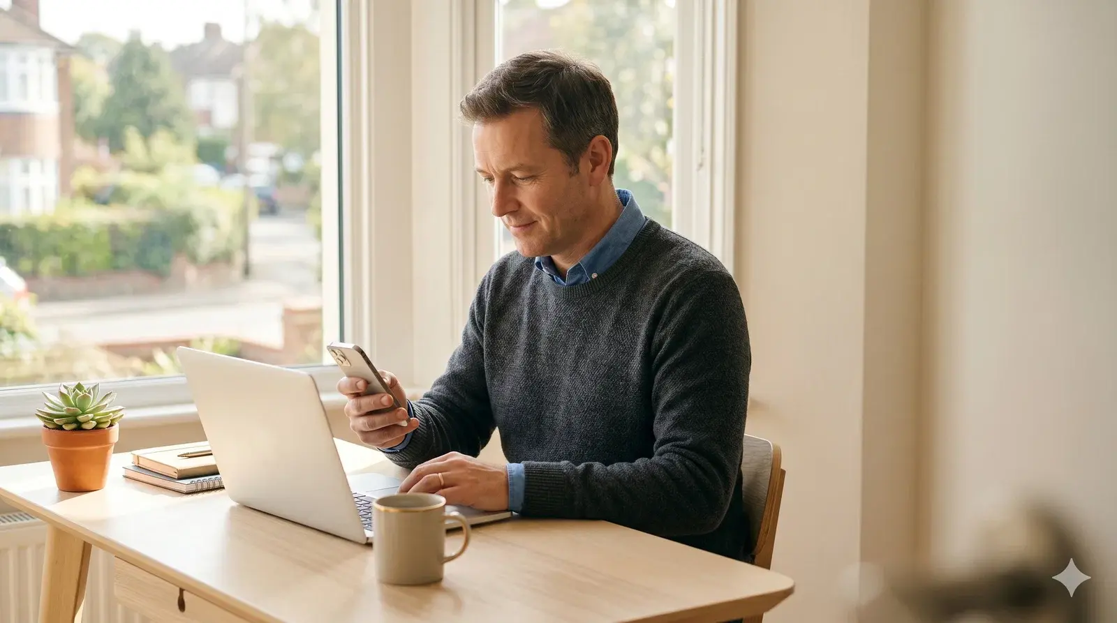 Property professional checking email on a smartphone beside a laptop in morning light