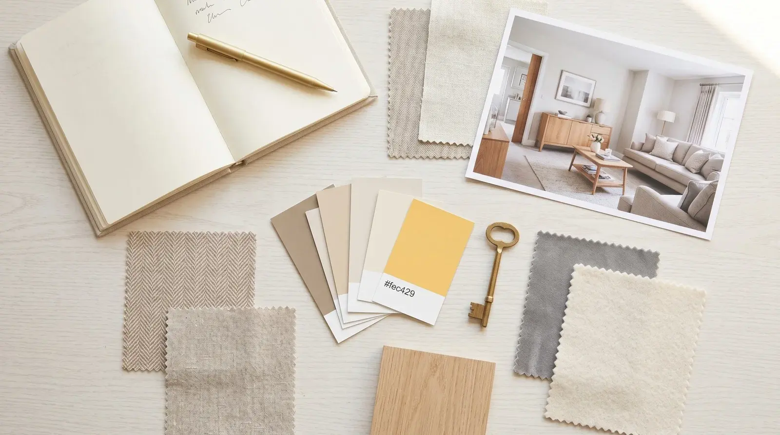 Overhead flat-lay of a property brand mood board with fabric swatches and colour chips
