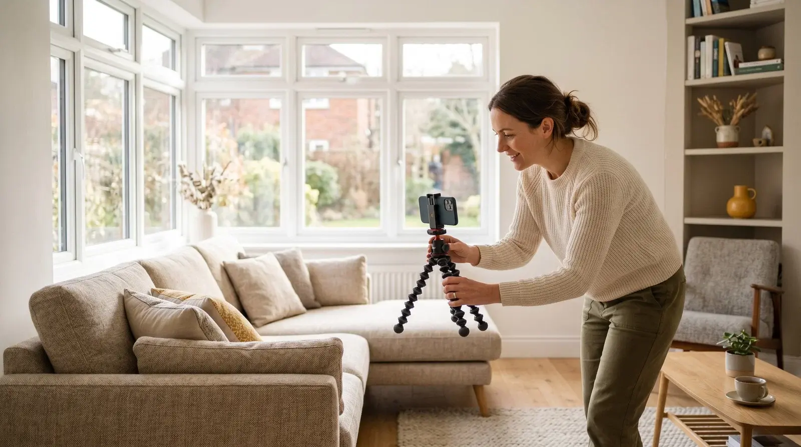 Person photographing a bright styled living room with a smartphone on a small tripod