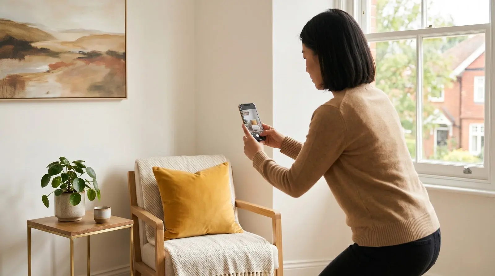 Host photographing a styled apartment corner for social media in soft window light