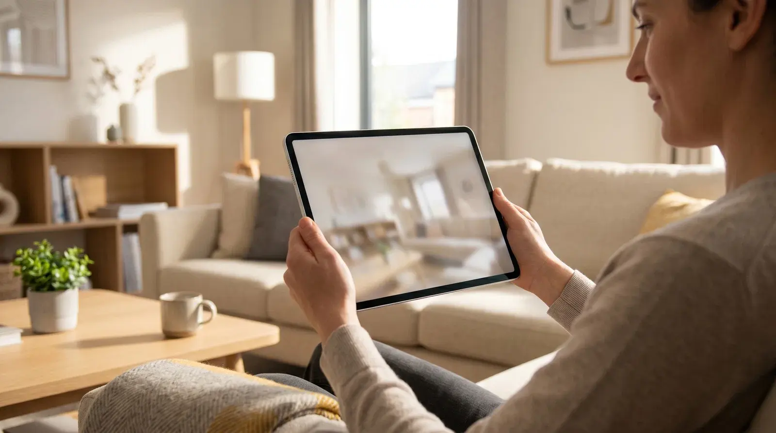 Person exploring a 360 degree virtual apartment tour on a tablet in a bright living space