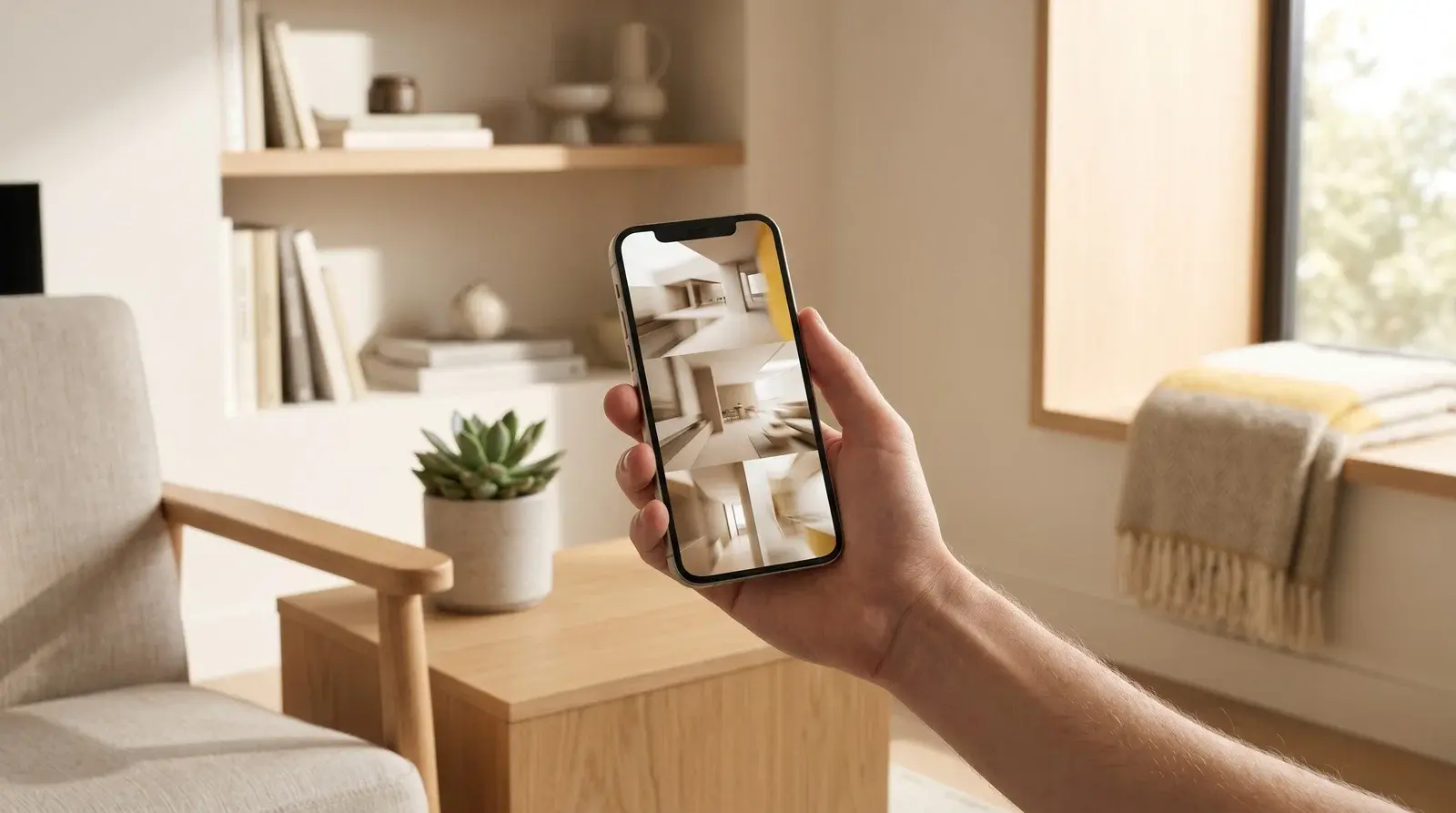 Hand holding a smartphone showing a fast-loading property website in a bright interior