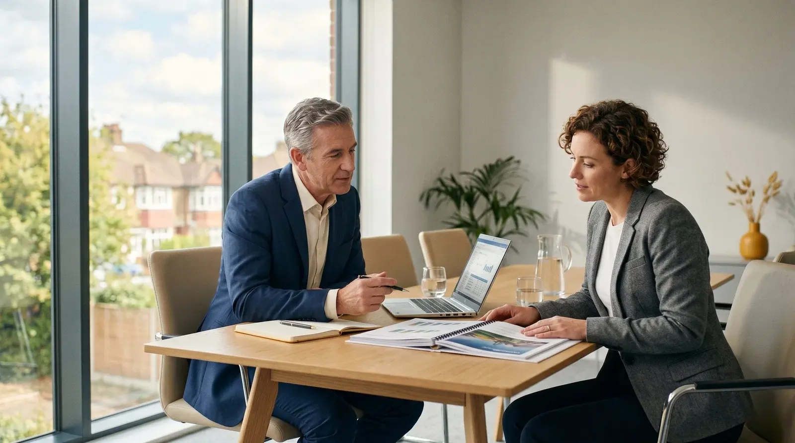 Investor and developer in a considered meeting with a laptop and printed investment pack
