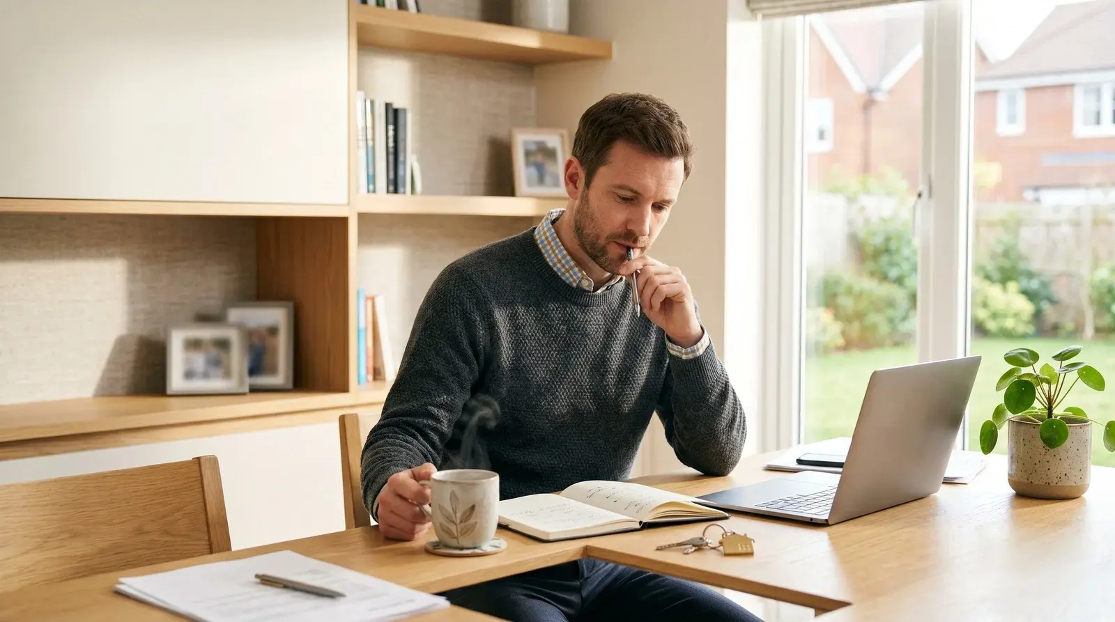 Property entrepreneur writing business name ideas in a notebook at a bright desk