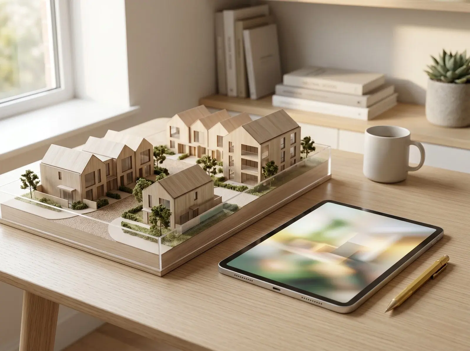 Developer photographing a just-completed modern UK building on a smartphone from the pavement