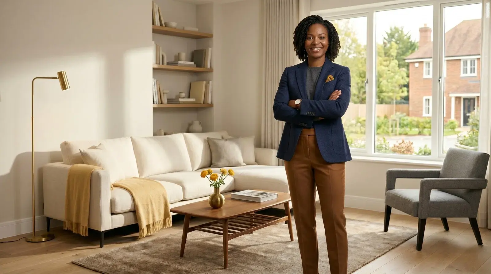 Property developer standing in a finished, professionally styled show-home living room