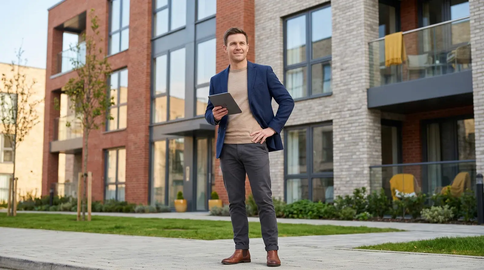 Property developer holding a tablet in front of a modern newly built apartment block